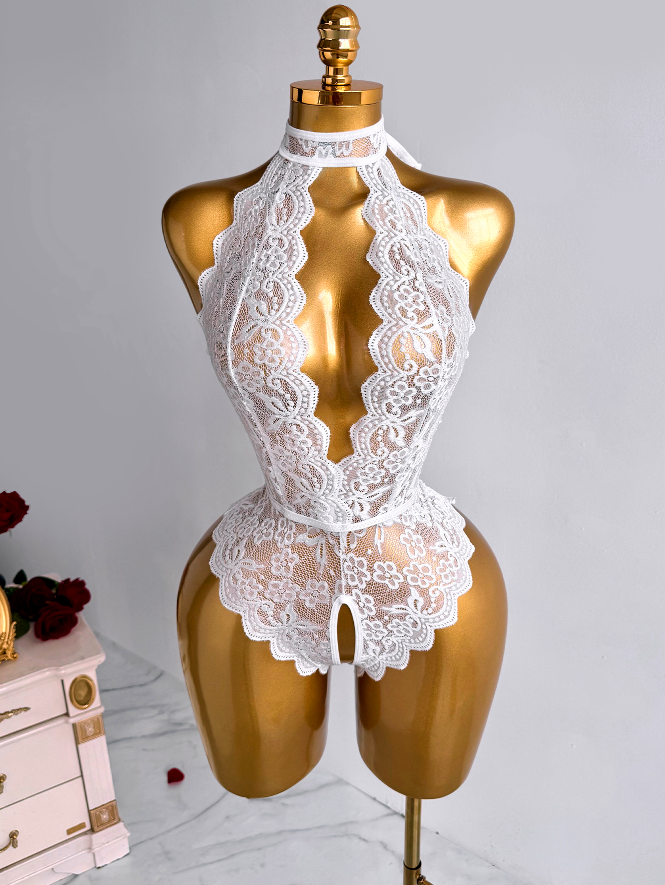 White Halter Neck Floral Lace  - Lace Teddy Lingerie recensie en prijs
