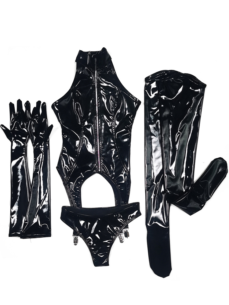 4PCS/SET Wet Look PVC Catsuit  - Garter Belt Set recensie en prijs